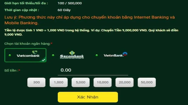 Nhập số tiền và thông tin theo yêu cầu